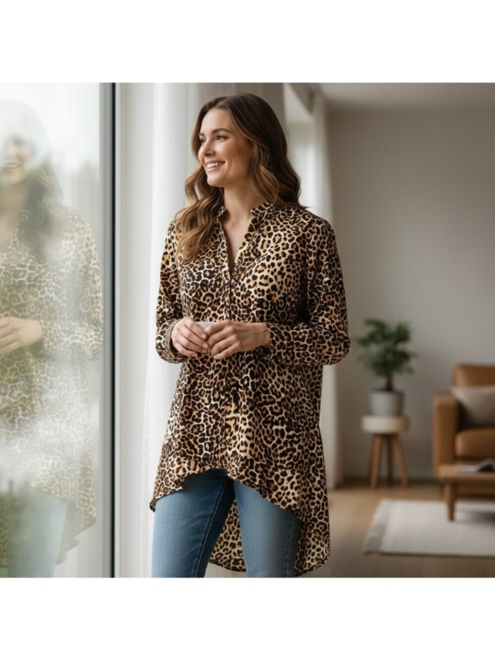 Chico's Leopard Sheer Blouse Cover Up M Tiered Hi-Low Tab Cuffed Sleeves Regency